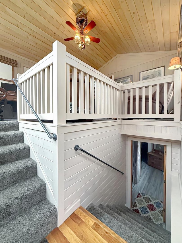 11307 Timber Lane Rd, Lena, IL 61048 - staircase with lofted ceiling, wood finished floors, ceiling fan, and wooden ceiling