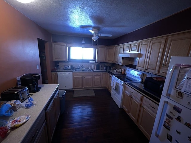 kitchen featuring dark wood-style floors, a sink, ceiling fan, white appliances, and under cabinet range hood