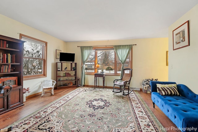 living area featuring plenty of natural light, wood finished floors, and baseboards