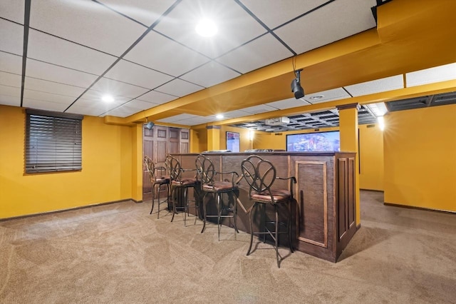 bar with carpet floors, a bar, and a paneled ceiling