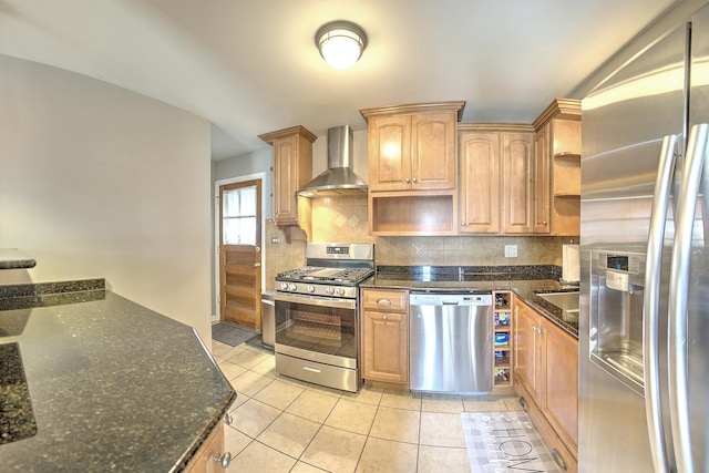 kitchen with stainless steel appliances, backsplash, wall chimney exhaust hood, and open shelves