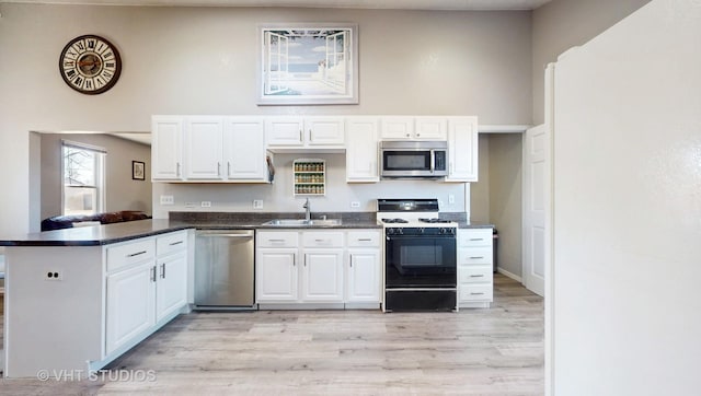 kitchen featuring stainless steel appliances, dark countertops, white cabinetry, a sink, and a peninsula