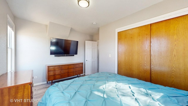 bedroom featuring baseboards, a closet, and wood finished floors