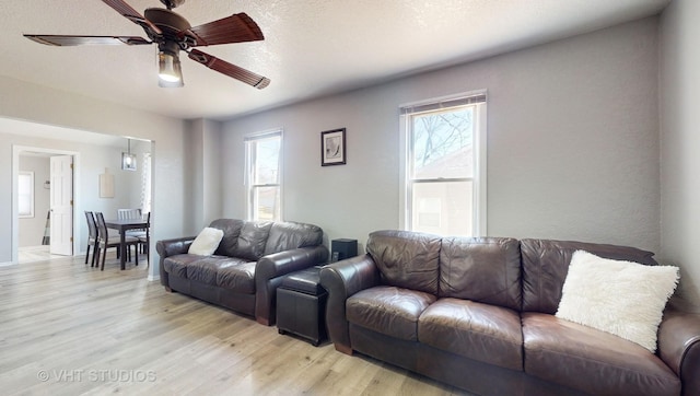 living area with a textured ceiling, a ceiling fan, a wealth of natural light, and light wood-style floors