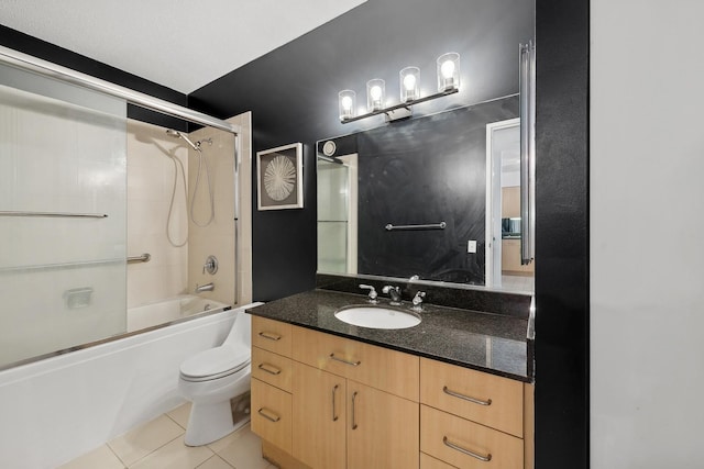 full bathroom with shower / bath combination with glass door, vanity, toilet, and tile patterned floors