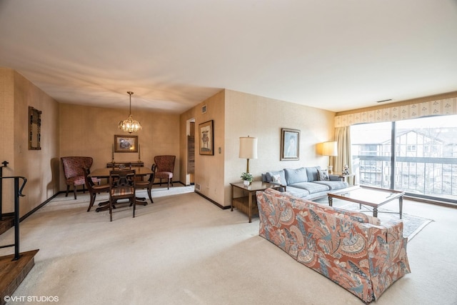 living room with light carpet, baseboards, visible vents, and a chandelier