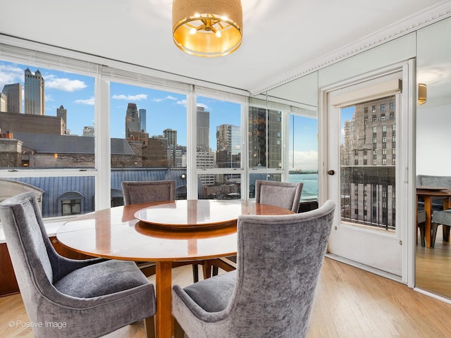 sunroom featuring a chandelier and a city view