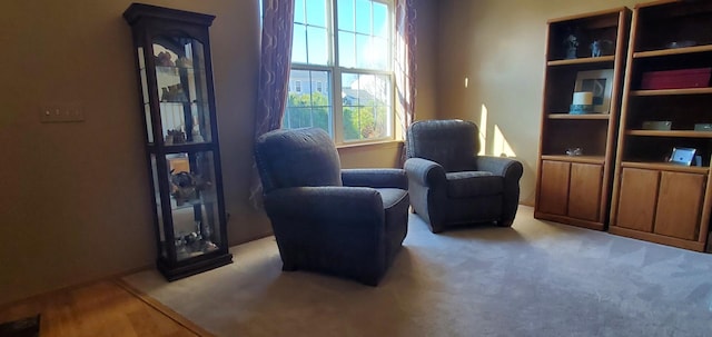 sitting room featuring light carpet