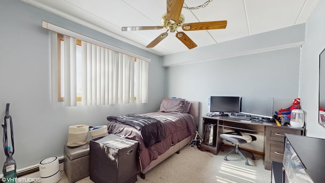 bedroom featuring ceiling fan and light colored carpet