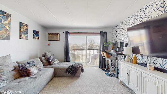 living room featuring carpet floors, a wall mounted air conditioner, and wallpapered walls