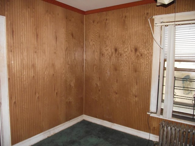 spare room featuring baseboards, wooden walls, dark colored carpet, and radiator