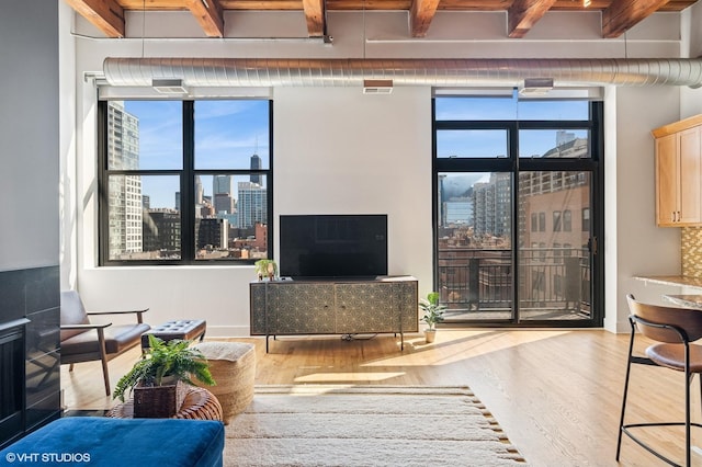 living room with beamed ceiling, plenty of natural light, and wood finished floors