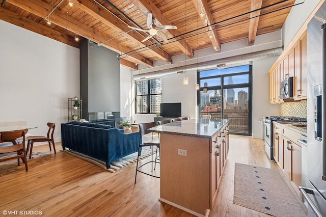 kitchen with tasteful backsplash, wood ceiling, light wood-style floors, and appliances with stainless steel finishes