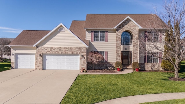 colonial-style house featuring brick siding, a shingled roof, concrete driveway, an attached garage, and a front lawn