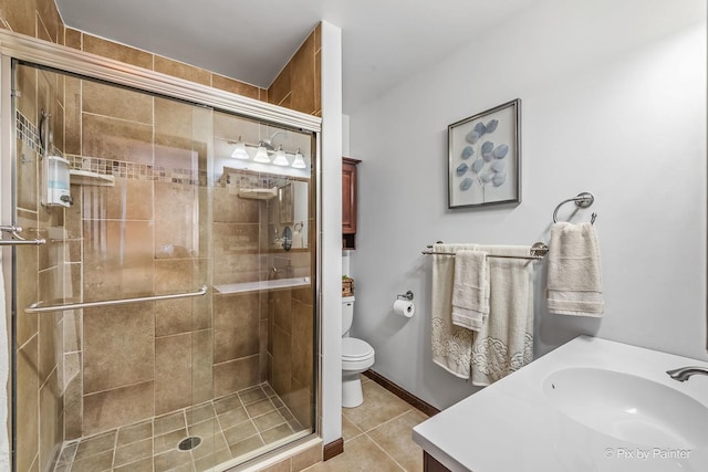 bathroom with vanity, a shower stall, toilet, and tile patterned floors