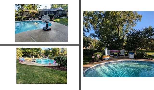 outdoor pool with a patio area and a lawn