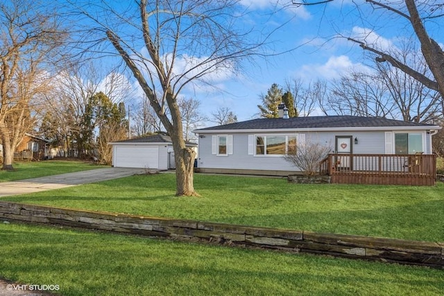 view of front of house with a garage, a front yard, an outdoor structure, and a chimney