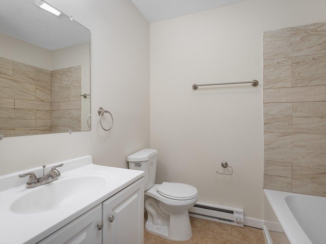full bathroom featuring a baseboard radiator, toilet, vanity, baseboards, and tile patterned floors