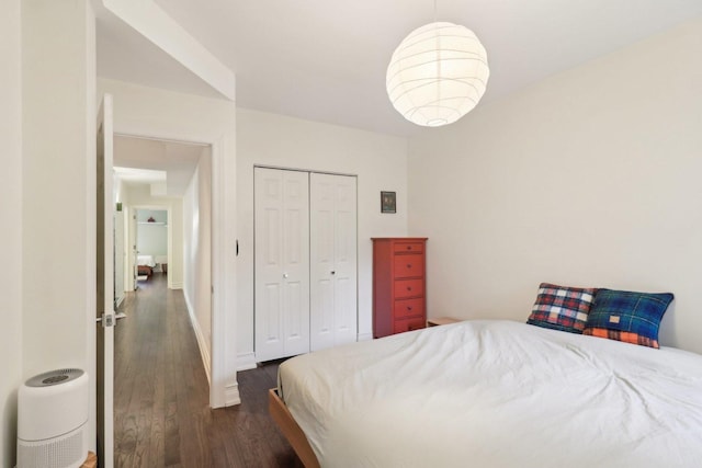 bedroom with a closet and dark wood-style flooring