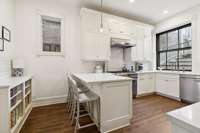 kitchen featuring dark wood-type flooring, under cabinet range hood, stainless steel appliances, white cabinetry, and a sink