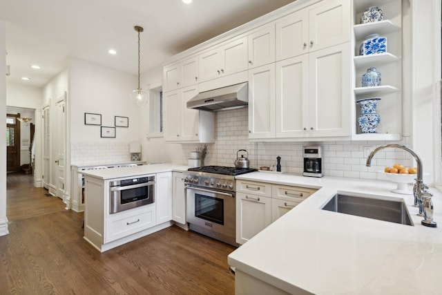 kitchen featuring a sink, under cabinet range hood, dark wood finished floors, stainless steel appliances, and open shelves