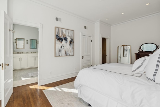 bedroom with crown molding, recessed lighting, visible vents, and dark wood-style flooring