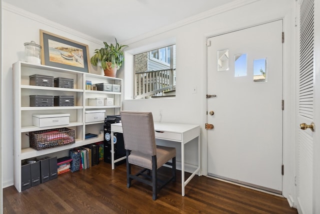 office space featuring crown molding and wood finished floors