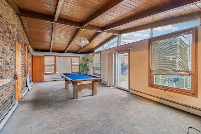 playroom with a baseboard radiator, vaulted ceiling with beams, and baseboard heating