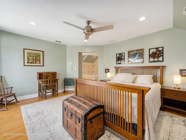 bedroom with recessed lighting, visible vents, light wood-style floors, a ceiling fan, and baseboards