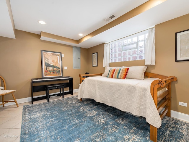 bedroom with light tile patterned floors, recessed lighting, visible vents, baseboards, and electric panel