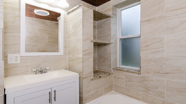 full bathroom featuring shower / tub combination, backsplash, and vanity