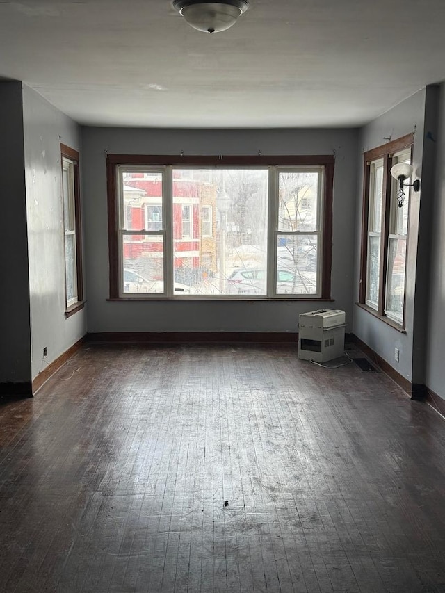 spare room with plenty of natural light, baseboards, and dark wood finished floors