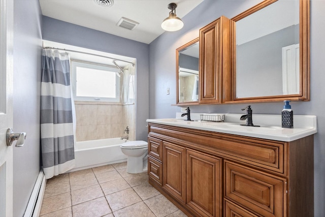 bathroom with a baseboard radiator, visible vents, shower / bath combo, a sink, and tile patterned flooring