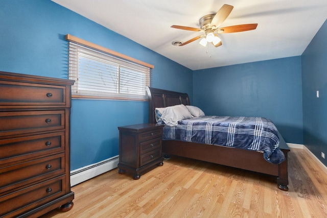 bedroom with light wood finished floors, a baseboard radiator, baseboards, and a ceiling fan