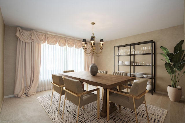 dining room featuring a notable chandelier, light colored carpet, and baseboards