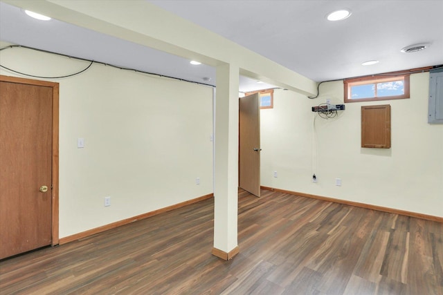 1001 E Sunnycrest Dr, Urbana, IL 61801 - basement with wood finished floors, baseboards, recessed lighting, and electric panel
