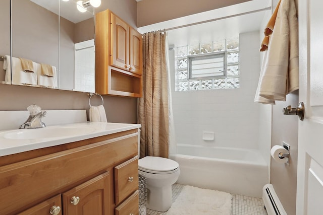 bathroom featuring shower / tub combo with curtain, toilet, a baseboard heating unit, vanity, and tile patterned floors