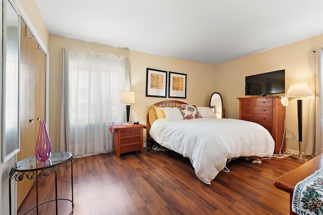 bedroom with a closet and dark wood-style flooring