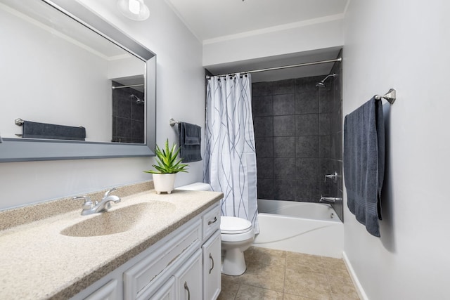 full bathroom with toilet, shower / bath combination with curtain, crown molding, tile patterned flooring, and vanity