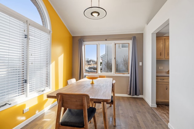 dining room featuring lofted ceiling, wood finished floors, and baseboards