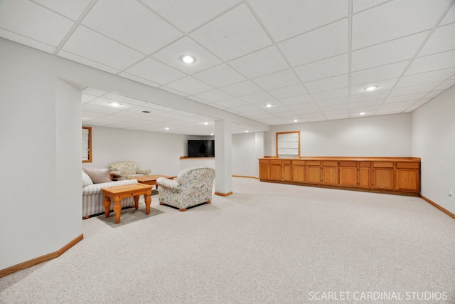 sitting room with recessed lighting, baseboards, and carpet