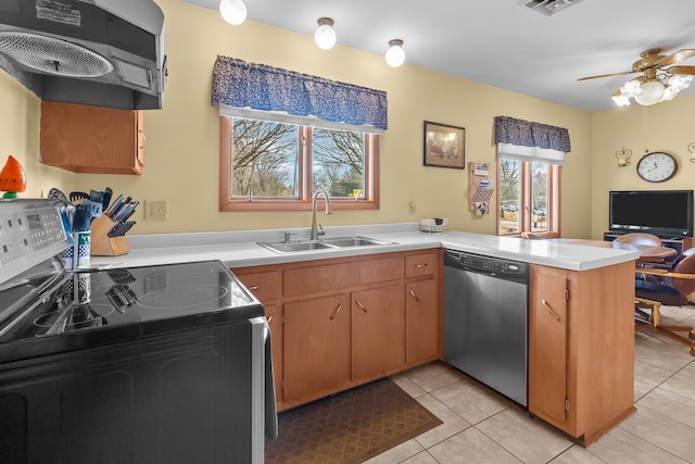 kitchen with range with electric stovetop, a peninsula, stainless steel dishwasher, a sink, and exhaust hood