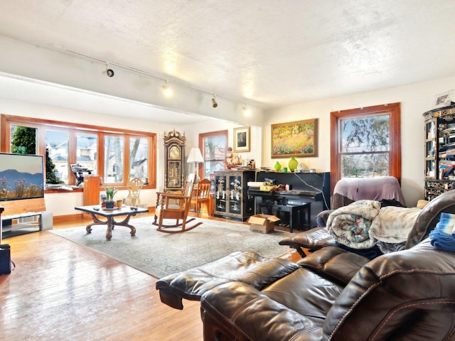 living room featuring light wood-style flooring and a textured ceiling