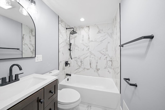 full bathroom featuring marble finish floor, recessed lighting, toilet, washtub / shower combination, and vanity