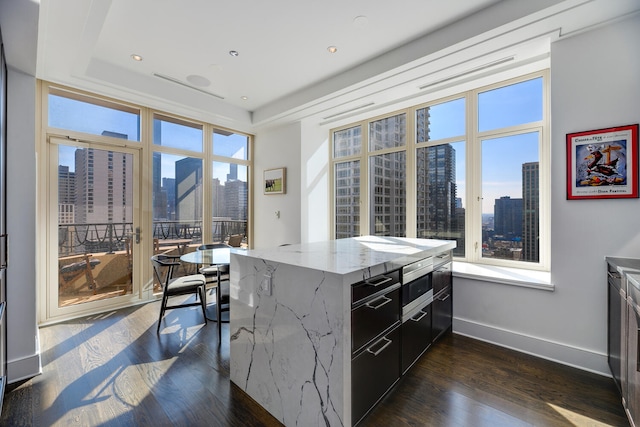 kitchen with baseboards, dark wood-type flooring, light stone counters, and a city view