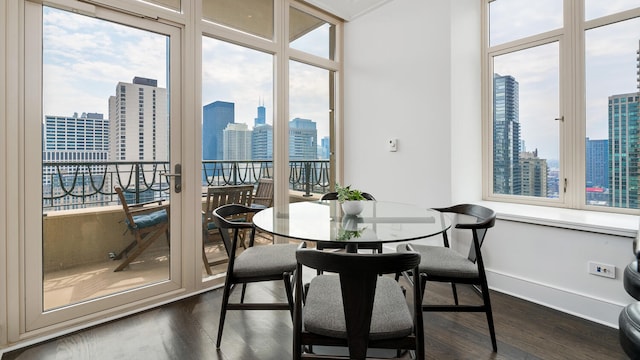 dining area with dark wood-style flooring and a city view