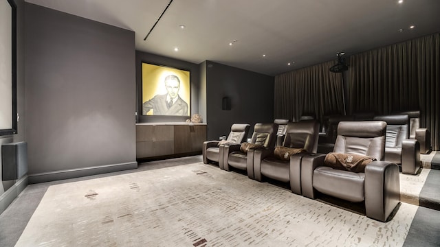 cinema featuring recessed lighting, baseboards, and light colored carpet