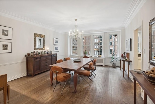 dining room with crown molding, a chandelier, dark wood finished floors, and radiator heating unit