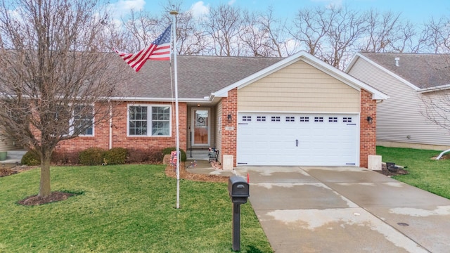 ranch-style home featuring a garage, driveway, a front lawn, and brick siding