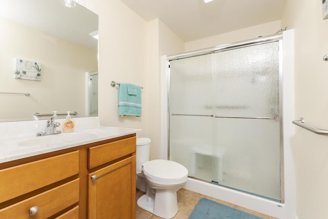 bathroom with tile patterned flooring, a shower stall, toilet, and vanity